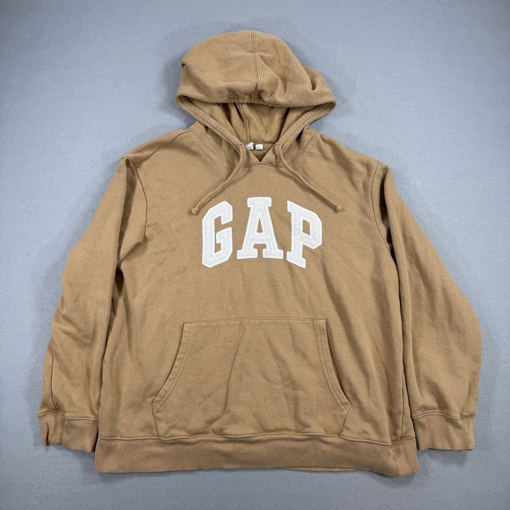 Gap Hoodie Mens XL Tan Arch Logo Fleece Pullover Long‎ Sleeve Pocket Casual Y2K